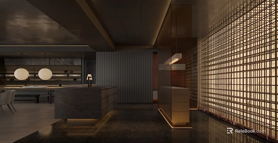Modern Dining Living Room Interior With Dark Flooring Wooden Cabinets And Grid Partition 3d model 