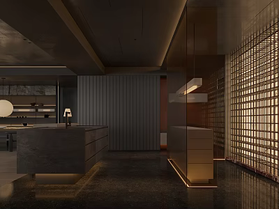 Modern Dining Living Room Interior With Dark Flooring Wooden Cabinets And Grid Partition 3d model