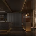 Modern Dining Living Room Interior With Dark Flooring Wooden Cabinets And Grid Partition