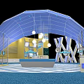 Exhibition Booth Design With Yellow Blue Pillars Arc Structure And White Billboard