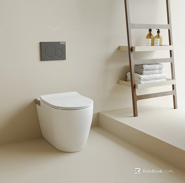 Modern White Smart Toilet With Wall Control Panel And Wooden Ladder Shelf In Bathroom 3d model 