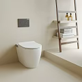 Modern White Smart Toilet With Wall Control Panel And Wooden Ladder Shelf In Bathroom