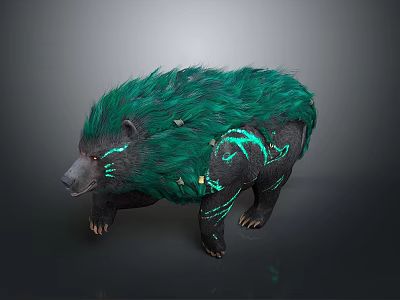 Mythical Bear Like Creature With Green Fur Blue Glowing Patterns And Spikes 3d model