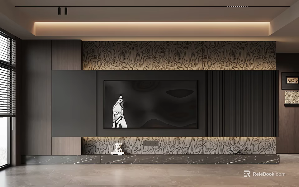 Modern TV Background Wall Design With Black Panel Marble Texture And Ambient Lighting 3d model