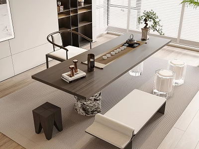Modern Tea Table and Chairs With Wooden Top Tea Set Plants and Stools 3d model