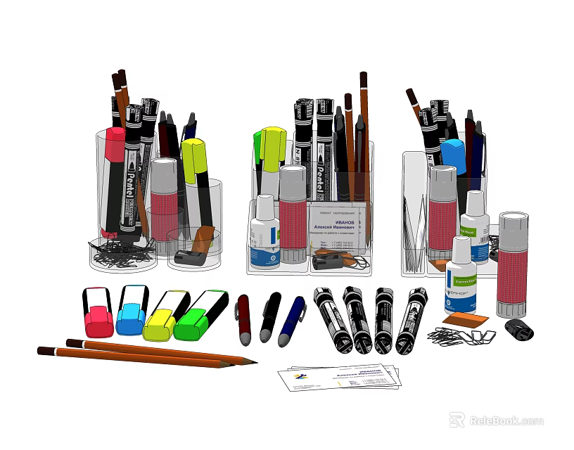 Colorful Assorted Writing Pens With Various Types Pencil Holders And Office Stationery 3d model 