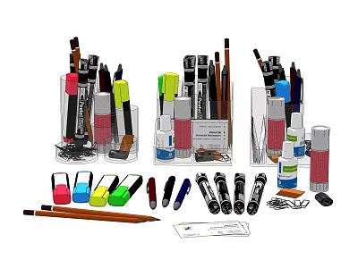 Colorful Assorted Writing Pens With Various Types Pencil Holders And Office Stationery 3d model