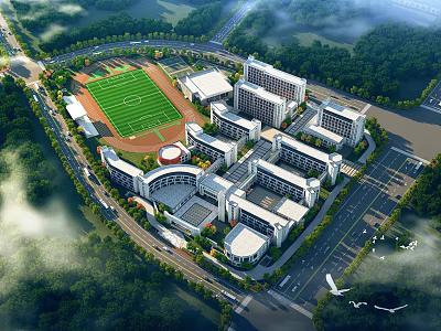 Aerial View of School Campus With Modern Buildings Green Football Field and Trees 3d model