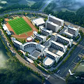 Aerial View of School Campus With Modern Buildings Green Football Field and Trees