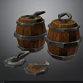 3D Rendered Orange Wooden Barrels With Metal Hoops And Scattered Lids