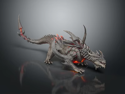 Mythical Gray Dragon Creature with Red Glowing Scales Sharp Horns and Claws in Crawling Stance 3d model