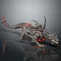 Mythical Gray Dragon Creature with Red Glowing Scales Sharp Horns and Claws in Crawling Stance