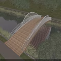 Arched Landscape Bridge With Wooden Deck White Railings Over River And Green Trees
