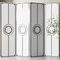 Modern Four Panel Room Divider With Circular Decorative Patterns And Metallic Frame 3d model
