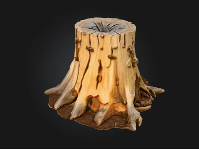 Stone and Wood Decorative Tree Stump Sculpture With Natural Root Details and Textured Base 3d model