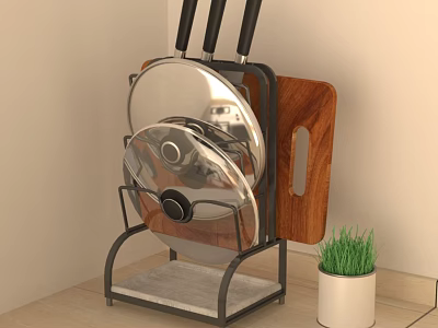 Cookware Storage Stand With Stainless Steel Pots Lids And Wooden Cutting Board 3d model
