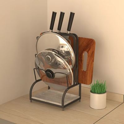 Cookware Storage Stand With Stainless Steel Pots Lids And Wooden Cutting Board 3d model