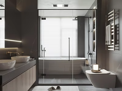 Modern Bathroom Interior Design With Freestanding Bathtub Glass Shower Dual Vanity And Wooden Cabinets 3d model