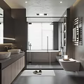 Modern Bathroom Interior Design With Freestanding Bathtub Glass Shower Dual Vanity And Wooden Cabinets