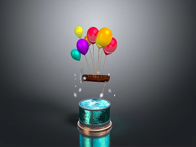 Colorful Balloons Attached To Floating Small Boat Over Glowing Blue Base 3d model