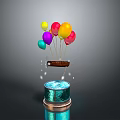 Colorful Balloons Attached To Floating Small Boat Over Glowing Blue Base