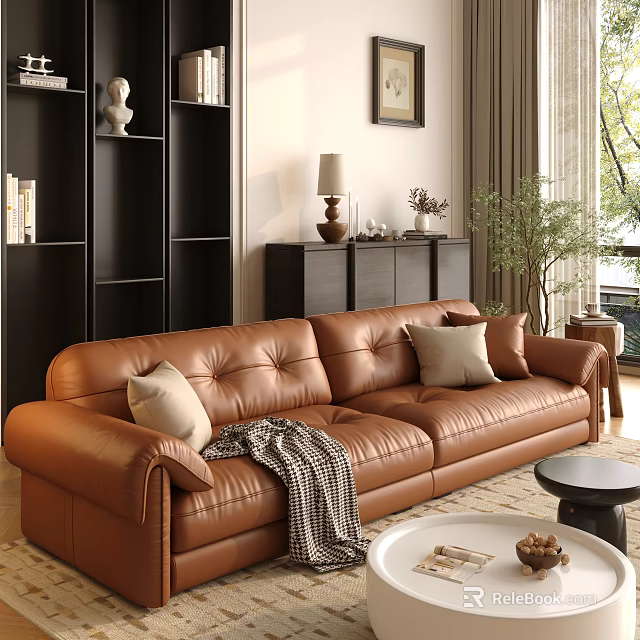 Modern Brown Leather Sectional Sofa With Light Cushions And Plaid Throw In Living Room 3d model 