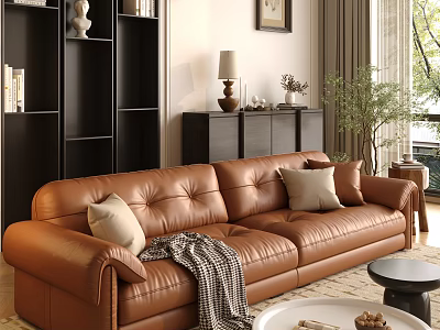 Modern Brown Leather Sectional Sofa With Light Cushions And Plaid Throw In Living Room 3d model