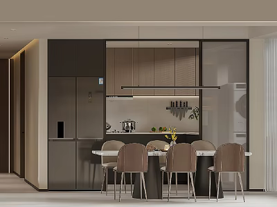 Modern Restaurant Interior With Dining Table Beige Chairs Pendant Light And Neutral Tones 3d model