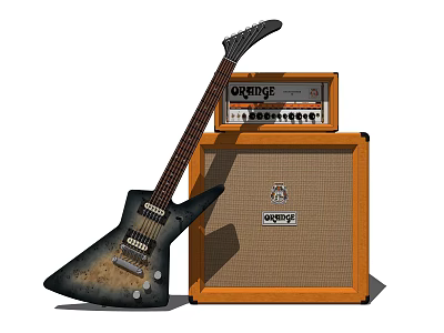 Classic Electric Guitar With Orange Amplifiers And Musical Instrument Gear 3d model
