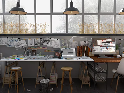 Public Office Space Interior Design With Worktables Office Supplies And Hanging Papers 3d model