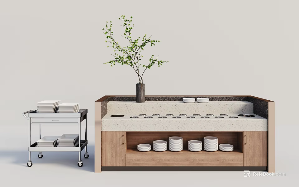 Wooden Counter Cabinet With Potted Plant Metal Cart White Plates And Jars Setup 3d model 