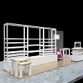 White Display Shelves With Purple Chair And Retail Counter In Modern Showcase