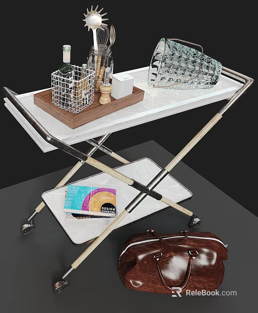 Folding Rolling Serving Cart With Wooden Tray Metal Basket And Magazine Storage 3d model 