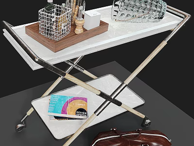 Folding Rolling Serving Cart With Wooden Tray Metal Basket And Magazine Storage 3d model