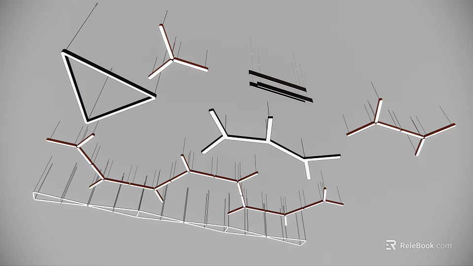 Modern Geometric Chandeliers with Multiple Black White Red Linear Structures Design 3d model 