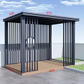 Modern Pavilion With Black Slatted Structure Circular Design Wooden Floor Grass And Gray Tiles