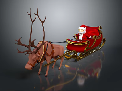 Christmas Themed Amusement Ride With Santa Claus On Red Sleigh Pulled By Reindeer 3d model