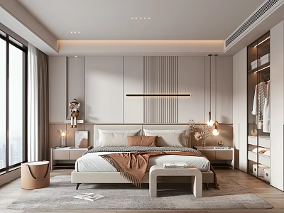 Modern Bedroom Interior Design With Platform Bed Bedside Tables Built In Wardrobe And Hanging Lights 3d model