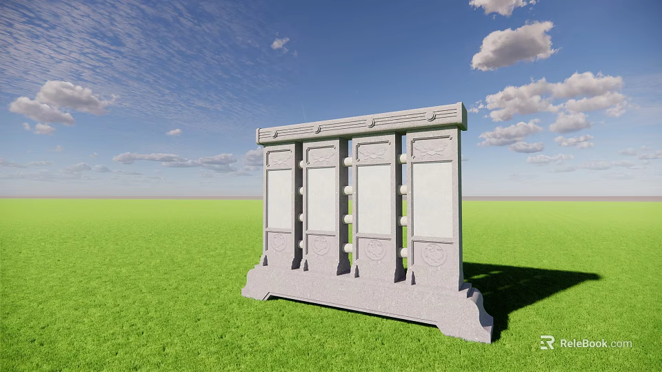 Stone Screen Wall With Carved Panels And Base In Green Grass Under Blue Sky 3d model 