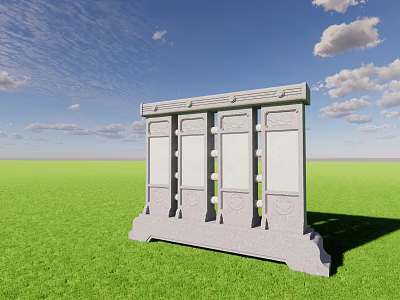 Stone Screen Wall With Carved Panels And Base In Green Grass Under Blue Sky 3d model