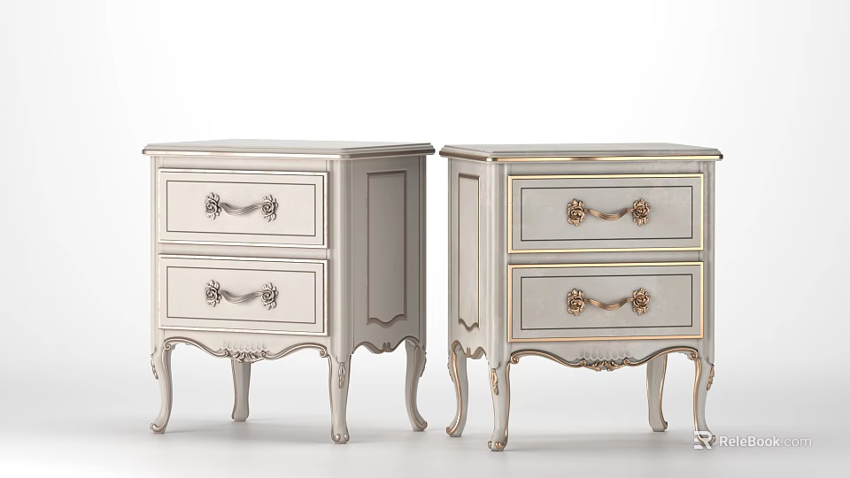 Elegant White Bedside Tables With Gold Accents Carved Legs And Drawers 3d model 