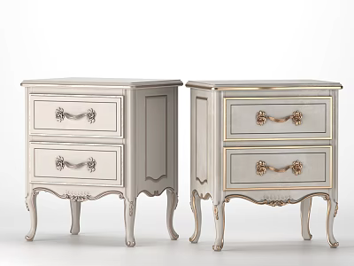 Elegant White Bedside Tables With Gold Accents Carved Legs And Drawers 3d model