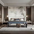 Elegant Modern Bedroom Interior With Ink Painting Bedside Lamps Rug And Accent Chair