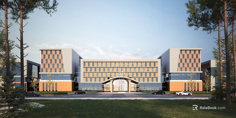 Modern Spacious School Building Exterior With Arched Entrance Multiple Windows And Green Lawn 3d model 