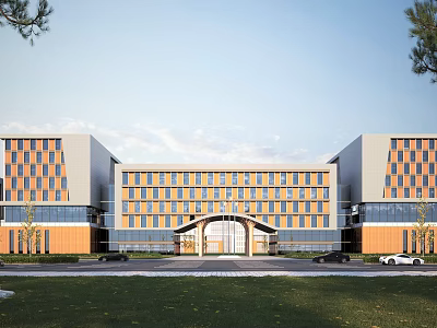 Modern Spacious School Building Exterior With Arched Entrance Multiple Windows And Green Lawn 3d model