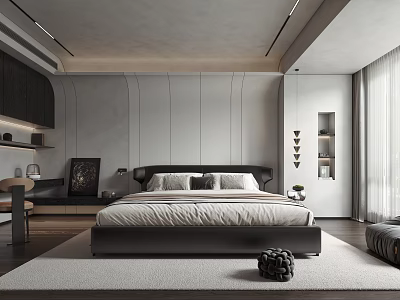 Modern Luxury Bedroom with Gray Tones Large Bed Wooden Flooring Recessed Lighting and Art Decor 3d model