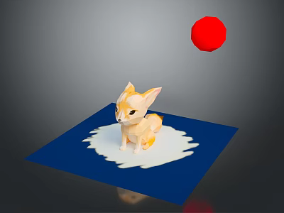 Low Poly Game Character Fox Sitting On Blue Mat With White Milk And Red Ball 3d model
