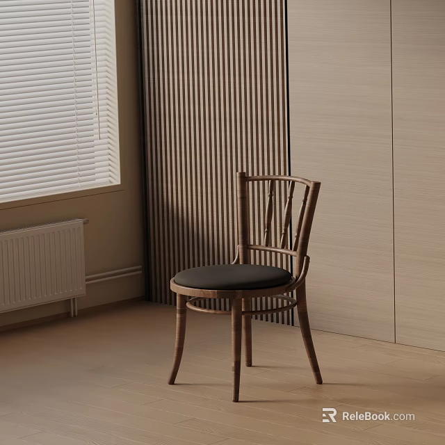 Modern Leisure Chair With Wooden Frame And Black Cushion In Minimalist Interior With Window Blinds 3d model 