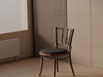 Modern Leisure Chair With Wooden Frame And Black Cushion In Minimalist Interior With Window Blinds 3d model