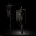 Decorative Wooden Totems With Skull Cloth Ropes And Black Background